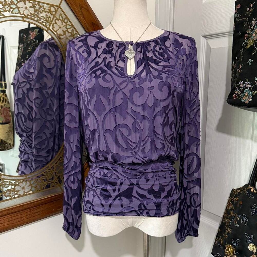 White House Black Market Cool Tone Purple Silk Blend Burnout Keyhole Smocked Top
